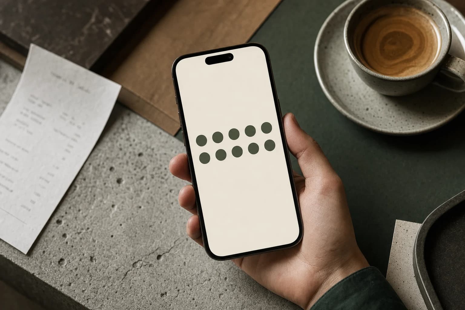 A hand holding a phone with a digital stamp card at a café table